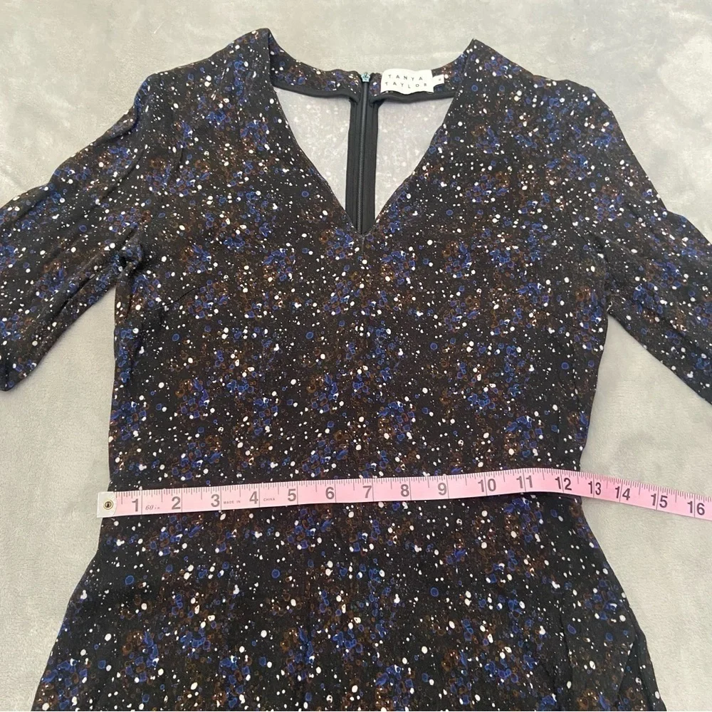 Tanya Taylor Printed Sheath Dress Black Blue dotted splatter print 21832